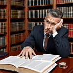 **

Lawyer deeply thinking, surrounded by legal books, question marks floating, brainstorming creative solutions for client, office setting.

**