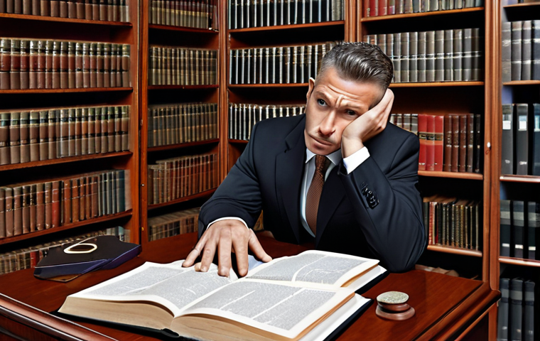 **
Lawyer deeply thinking, surrounded by legal books, question marks floating, brainstorming creative solutions for client, office setting.
**