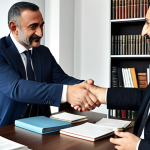 **A confident lawyer in a modern Istanbul office, shaking hands with a client. The office is bright and professional, with legal books and technology visible in the background. The atmosphere should be trustworthy and reassuring.**