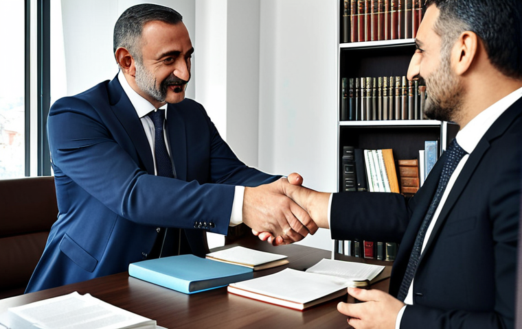 **A confident lawyer in a modern Istanbul office, shaking hands with a client. The office is bright and professional, with legal books and technology visible in the background. The atmosphere should be trustworthy and reassuring.**