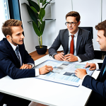 A law firm with lawyers collaborating in a well-lit, modern office. Depict teamwork with experienced lawyers mentoring younger colleagues and everyone working together on project-based tasks. The atmosphere should convey a sense of camaraderie and shared goals.