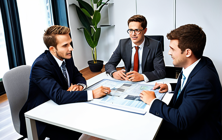 A law firm with lawyers collaborating in a well-lit, modern office. Depict teamwork with experienced lawyers mentoring younger colleagues and everyone working together on project-based tasks. The atmosphere should convey a sense of camaraderie and shared goals.