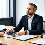 A professional legal consultant, fully clothed in a modest business suit, is engaged in a focused discussion with a diverse group of business clients around a polished conference table in a modern, well-lit office. Documents and tablets are on the table, symbolizing various legal aspects like contracts, digital regulations, and HR matters. The atmosphere is collaborative and serious, emphasizing proactive risk management and strategic guidance. The image features perfect anatomy, correct proportions, well-formed hands, and proper finger count, with natural body proportions and a natural pose. This is professional photography, high quality, safe for work, appropriate content, and professional dress.