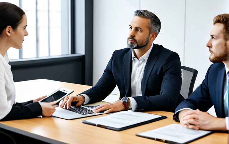 A professional legal consultant, fully clothed in a modest business suit, is engaged in a focused discussion with a diverse group of business clients around a polished conference table in a modern, well-lit office. Documents and tablets are on the table, symbolizing various legal aspects like contracts, digital regulations, and HR matters. The atmosphere is collaborative and serious, emphasizing proactive risk management and strategic guidance. The image features perfect anatomy, correct proportions, well-formed hands, and proper finger count, with natural body proportions and a natural pose. This is professional photography, high quality, safe for work, appropriate content, and professional dress.