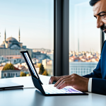 A professional Turkish legal consultant, fully clothed in a modest business suit, seated at a modern, minimalist desk. They are intently interacting with a glowing tablet displaying complex digital legal codes and interconnected data streams, while one hand rests on a traditional law book. The background is a contemporary, well-lit law office with a blurred city skyline view. Professional photography, high-resolution, perfect anatomy, correct proportions, natural pose, well-formed hands, proper finger count, natural body proportions, safe for work, appropriate content, professional, family-friendly.