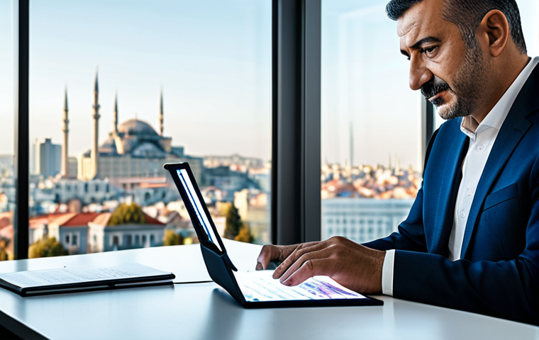 A professional Turkish legal consultant, fully clothed in a modest business suit, seated at a modern, minimalist desk. They are intently interacting with a glowing tablet displaying complex digital legal codes and interconnected data streams, while one hand rests on a traditional law book. The background is a contemporary, well-lit law office with a blurred city skyline view. Professional photography, high-resolution, perfect anatomy, correct proportions, natural pose, well-formed hands, proper finger count, natural body proportions, safe for work, appropriate content, professional, family-friendly.