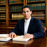 A mid-career legal professional, appearing focused and diligent. Wearing a dark, modest business suit with a crisp white shirt, fully clothed, professional dress, appropriate attire. Seated at a large, classic wooden desk in a traditional law office. The desk is covered with stacks of physical legal documents, open binders, and numerous paper files, suggesting extensive manual research. There are traditional wooden bookshelves filled with law books in the background. The lighting is warm and somewhat dim, reflecting a classic, established atmosphere. Perfect anatomy, correct proportions, natural pose, well-formed hands, proper finger count, natural body proportions. Safe for work, appropriate content, fully clothed, professional, modest clothing, high-quality, ultra-realistic, detailed.