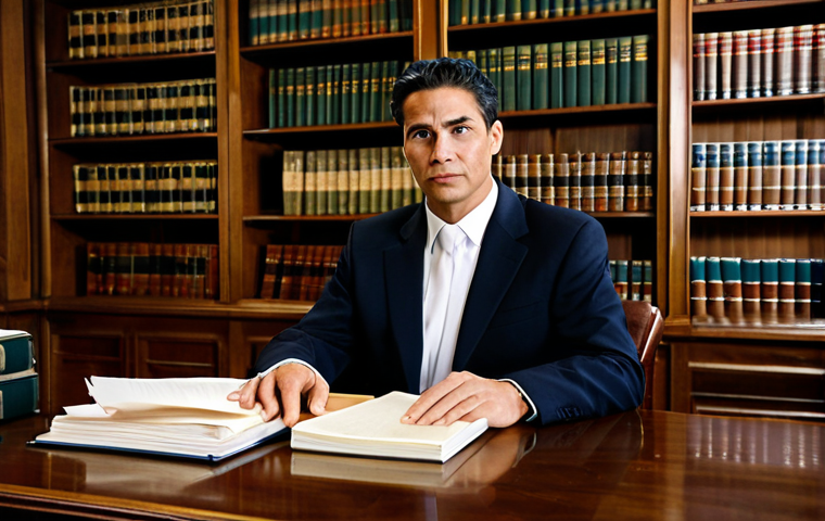 A mid-career legal professional, appearing focused and diligent. Wearing a dark, modest business suit with a crisp white shirt, fully clothed, professional dress, appropriate attire. Seated at a large, classic wooden desk in a traditional law office. The desk is covered with stacks of physical legal documents, open binders, and numerous paper files, suggesting extensive manual research. There are traditional wooden bookshelves filled with law books in the background. The lighting is warm and somewhat dim, reflecting a classic, established atmosphere. Perfect anatomy, correct proportions, natural pose, well-formed hands, proper finger count, natural body proportions. Safe for work, appropriate content, fully clothed, professional, modest clothing, high-quality, ultra-realistic, detailed.