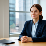 A professional female legal consultant, in a tailored, modest business suit, seated at a sleek modern desk in a well-lit consultation room. She has a warm, empathetic, and attentive expression, looking slightly off-camera as if engaged in an important conversation. Her hands are resting naturally on the desk, conveying calm and professionalism. The background is a contemporary law office with blurred soft-focus elements like a large window showing a gentle cityscape and a tasteful bookshelf. The overall mood is one of trust, understanding, and serious professionalism. High-resolution, professional photography, perfect anatomy, correct proportions, natural pose, well-formed hands, proper finger count, natural body proportions, safe for work, appropriate content, fully clothed, professional, modest.