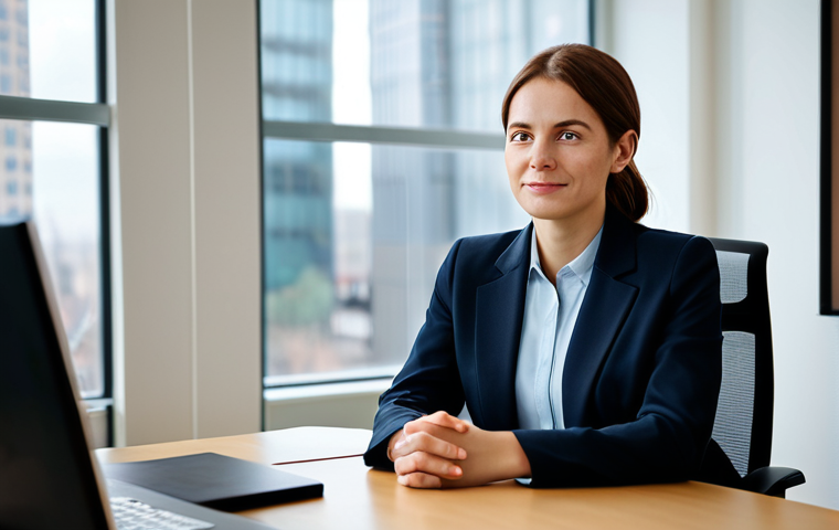 A professional female legal consultant, in a tailored, modest business suit, seated at a sleek modern desk in a well-lit consultation room. She has a warm, empathetic, and attentive expression, looking slightly off-camera as if engaged in an important conversation. Her hands are resting naturally on the desk, conveying calm and professionalism. The background is a contemporary law office with blurred soft-focus elements like a large window showing a gentle cityscape and a tasteful bookshelf. The overall mood is one of trust, understanding, and serious professionalism. High-resolution, professional photography, perfect anatomy, correct proportions, natural pose, well-formed hands, proper finger count, natural body proportions, safe for work, appropriate content, fully clothed, professional, modest.