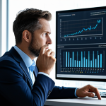 A professional male legal consultant, mid-30s, in a sophisticated dark business suit and a light blue dress shirt. He is seated at a large, modern desk in a sleek, high-tech office, with multiple large monitors displaying legal analytics, data visualizations, and digital documents. He is looking at one of the screens, his expression focused and thoughtful, subtly gesturing with one hand as if strategizing or analyzing complex information. The office is minimalist with clean lines and subtle lighting, emphasizing a forward-thinking, digital environment. safe for work, appropriate content, fully clothed, professional dress, perfect anatomy, correct proportions, natural pose, well-formed hands, proper finger count, natural body proportions, high quality, professional photography.