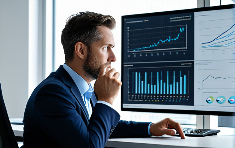 A professional male legal consultant, mid-30s, in a sophisticated dark business suit and a light blue dress shirt. He is seated at a large, modern desk in a sleek, high-tech office, with multiple large monitors displaying legal analytics, data visualizations, and digital documents. He is looking at one of the screens, his expression focused and thoughtful, subtly gesturing with one hand as if strategizing or analyzing complex information. The office is minimalist with clean lines and subtle lighting, emphasizing a forward-thinking, digital environment. safe for work, appropriate content, fully clothed, professional dress, perfect anatomy, correct proportions, natural pose, well-formed hands, proper finger count, natural body proportions, high quality, professional photography.